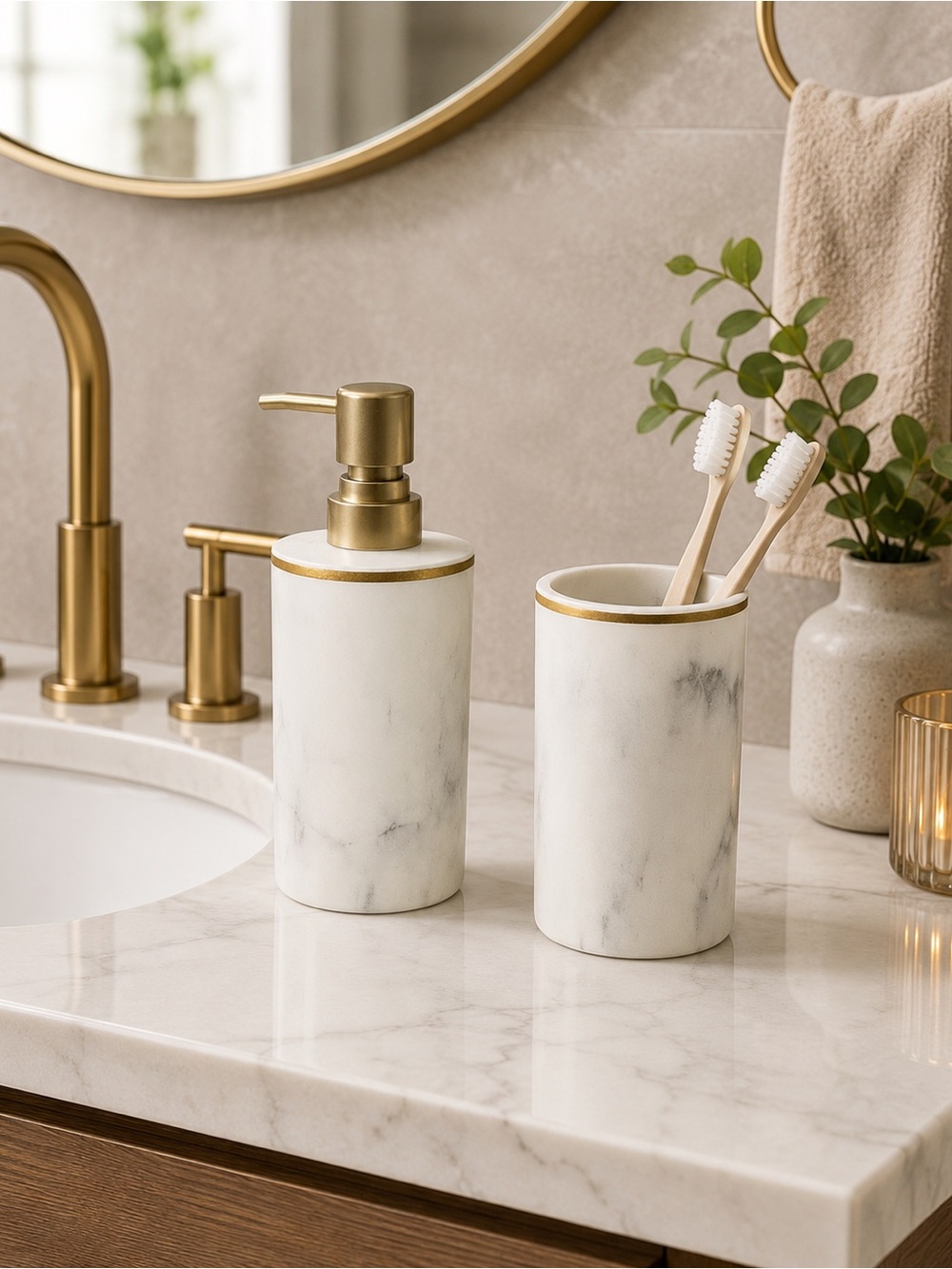 Sunday Citizen Resin Bath Set Faux Marble Soap Dispenser & Toothbrush Holder